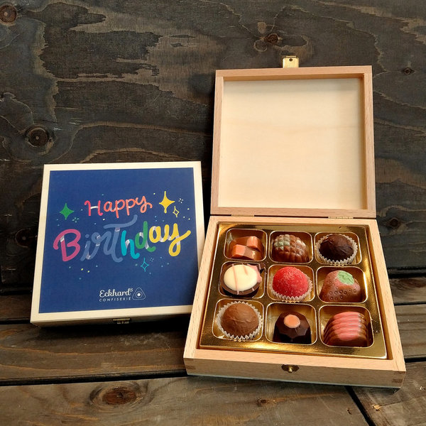 Happy Birthday blau - Holzbox, befüllt mit 9 Stück Frucht, Likör oder gemischten Pralinen