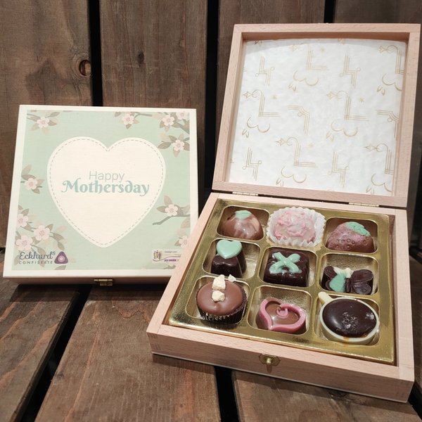 Happy Mothersday - Holzbox, befüllt mit 9 Stück Frucht, Likör oder gemischten Pralinen